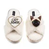 Laines London Women's Neutrals / White Boucle Slippers With Cat Mum/mom & Siamese Cat Brooches - Cream In White