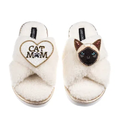Laines London Women's Neutrals / White Boucle Slippers With Cat Mum/mom & Siamese Cat Brooches - Cream