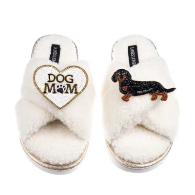 Laines London Women's Neutrals / White Boucle Slippers With Dog Mum/mom & Black & Tan Dachshund Brooches - Cream