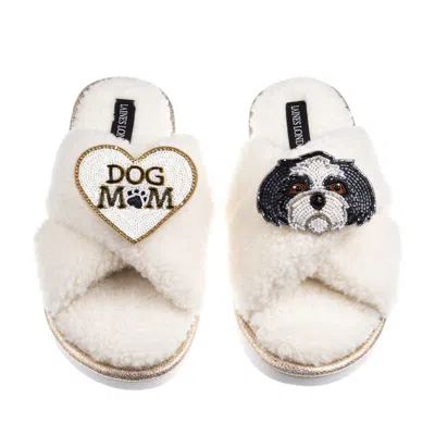 Laines London Women's Neutrals / White Boucle Slippers With Dog Mum/mom & Black & White Shih Tzu Brooches - Cream
