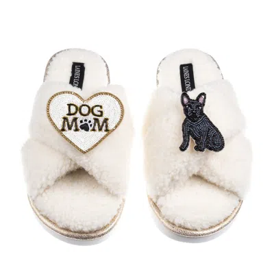 Laines London Women's Neutrals / White Boucle Slippers With Dog Mum/mom & Black Sitting French Bulldog Brooches - 