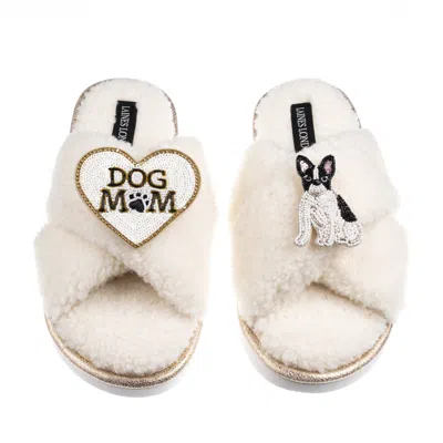 Laines London Women's Neutrals / White Boucle Slippers With Dog Mum/mom & Black/white Sitting French Bulldog Brooc