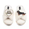 Laines London Women's Neutrals / White Boucle Slippers With Dog Mum/mom & Dapple Dachshund Brooches - Cream In White