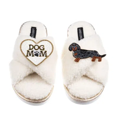 Laines London Women's Neutrals / White Boucle Slippers With Dog Mum/mom & Dapple Dachshund Brooches - Cream