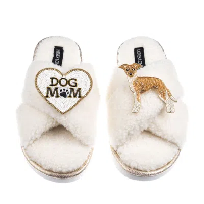 Laines London Women's Neutrals / White Boucle Slippers With Dog Mum/mom & Fawn & White Italian Greyhound Brooches 