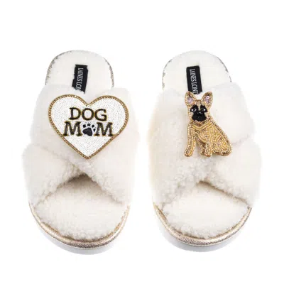 Laines London Women's Neutrals / White Boucle Slippers With Dog Mum/mom & Fawn Sitting French Bulldog Brooches - C