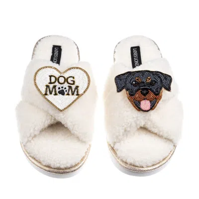 Laines London Women's Neutrals / White Boucle Slippers With Dog Mum/mom & Rottweiler Brooches - Cream