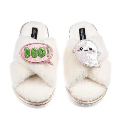 Laines London Women's Neutrals / White Boucle Slippers With Limited Edition Laines Loveables Boo The Ghost Hallowe