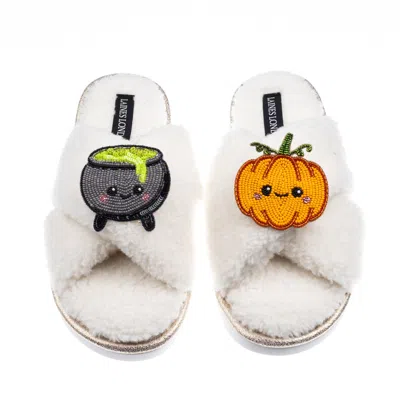 Laines London Women's Neutrals / White Boucle Slippers With Limited Edition Laines Loveables Pumpkin & Cauldron Ha In Animal Print
