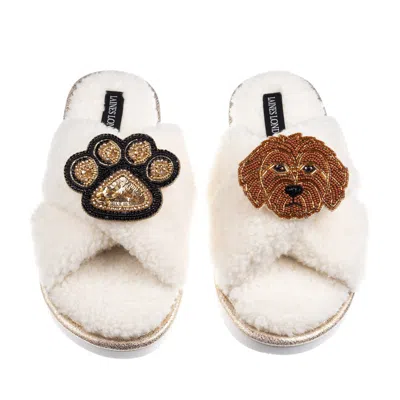 Laines London Women's Neutrals / White Boucle Slippers With Paw & Apricot Cockapoo Brooches - Cream