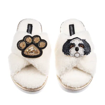 Laines London Women's Neutrals / White Boucle Slippers With Paw & Black & White Shih Tzu Brooches - Cream