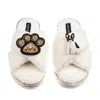 Laines London Women's Neutrals / White Boucle Slippers With Paw & Black & White Sitting French Bulldog Brooches -  In White