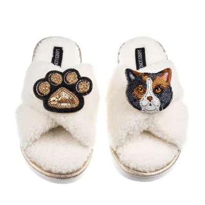 Laines London Women's Neutrals / White Boucle Slippers With Paw & Calico British Shorthair Cat Brooches - Cream