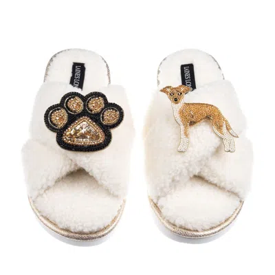 Laines London Women's Neutrals / White Boucle Slippers With Paw & Fawn & White Italian Greyhound Brooches - Cream In Multi