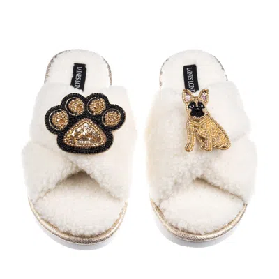 Laines London Women's Neutrals / White Boucle Slippers With Paw & Fawn Sitting French Bulldog Brooches - Cream