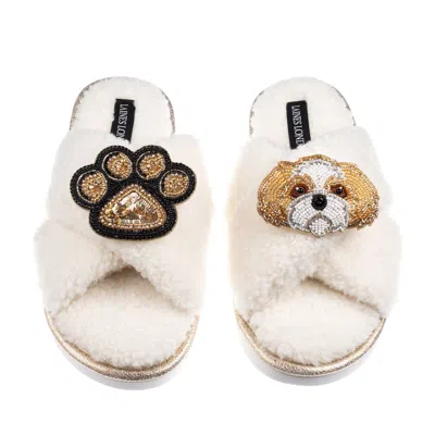Laines London Women's Neutrals / White Boucle Slippers With Paw & Gold & White Shih Tzu Brooches - Cream