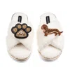 Laines London Women's Neutrals / White Boucle Slippers With Paw & Red Dachshund Brooches - Cream In White