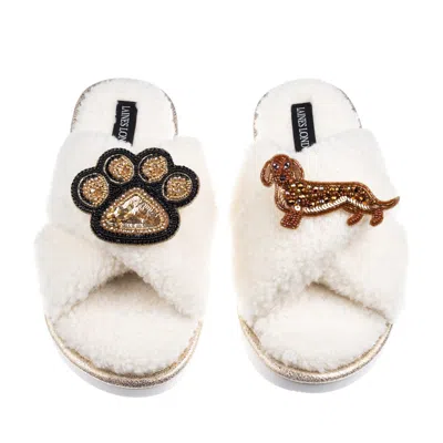 Laines London Women's Neutrals / White Boucle Slippers With Paw & Red Dachshund Brooches - Cream