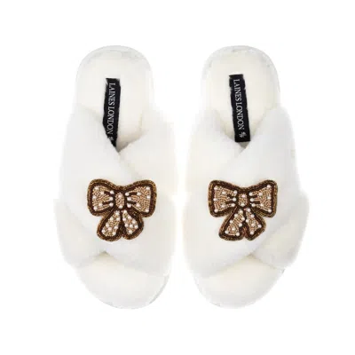 Laines London Women's Neutrals / White / Brown Classic Laines Slippers With Brown & Pearl Beaded Pretty Bow Brooch In Multi