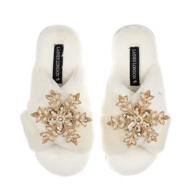 Laines London Women's Neutrals / White Classic Laines Christmas Collection Slippers With Double Cream & Gold Snowf