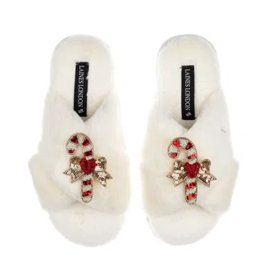 Laines London Women's Neutrals / White Classic Laines Christmas Collection Slippers With Double Red Candy Cane Bro