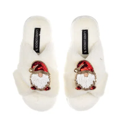 Laines London Women's Neutrals / White Classic Laines Christmas Collection Slippers With Double Red Gonk Brooches 