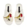 Laines London Women's Neutrals / White Classic Laines Christmas Collection Slippers With Double Robin Brooches - C In White