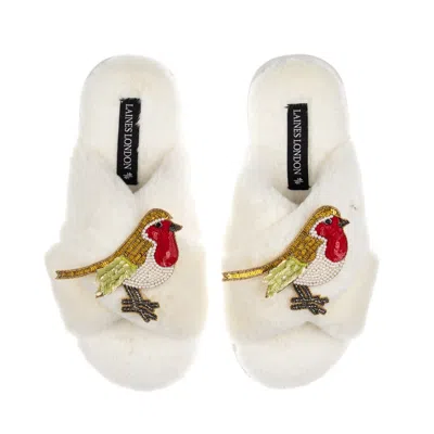 Laines London Women's Neutrals / White Classic Laines Christmas Collection Slippers With Double Robin Brooches - C