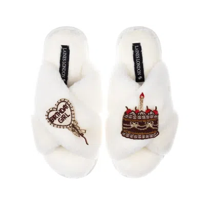 Laines London Women's Neutrals / White Classic Laines Slippers With Birthday Girl Balloon & Chocolate Cake Brooche In Multi