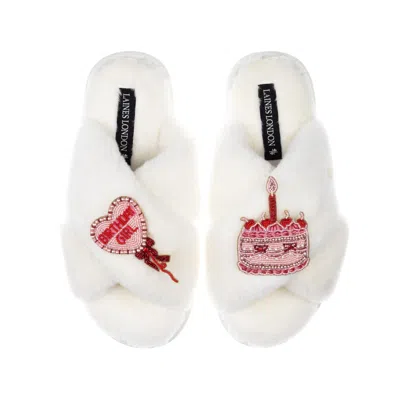 Laines London Women's Neutrals / White Classic Laines Slippers With Birthday Girl Brooches - Cream