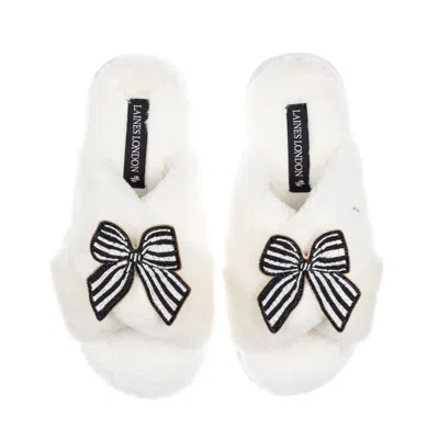 Laines London Women's Neutrals / White Classic Laines Slippers With Black Stripe Bow Brooches - Cream
