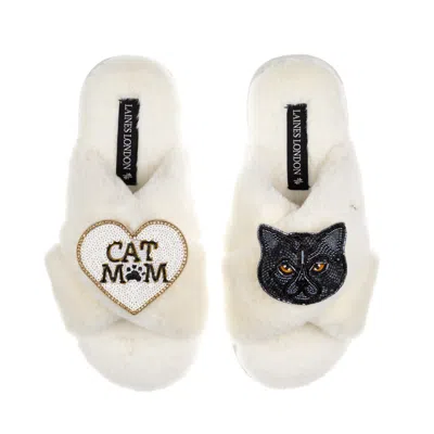 Laines London Women's Neutrals / White Classic Laines Slippers With Cat Mum/mom & Black Scottish Fold Cat Brooches