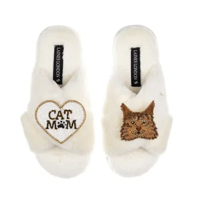 Laines London Women's Neutrals / White Classic Laines Slippers With Cat Mum/mom & Ginger Norwegian Forest Cat Broo In Animal Print