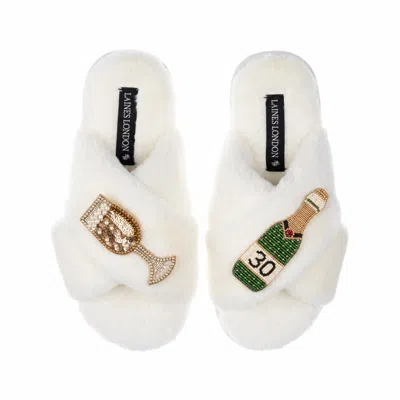 Laines London Women's Neutrals / White Classic Laines Slippers With Champagne & Glass 30th Birthday Brooches - Cre