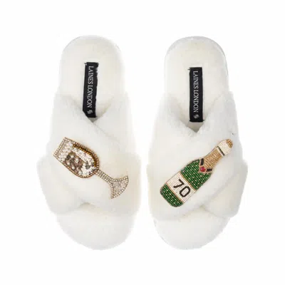 Laines London Women's Neutrals / White Classic Laines Slippers With Champagne & Glass 70th Birthday Brooches - Cre