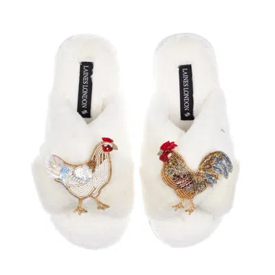 Laines London Women's Neutrals / White Classic Laines Slippers With Chicken & Cockrel Brooches - Cream