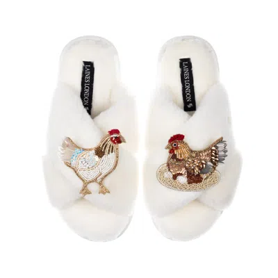 Laines London Women's Neutrals / White Classic Laines Slippers With Chicken & Hen On Nest Brooches - Cream In Multi
