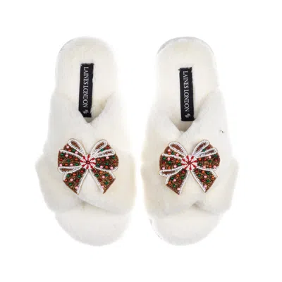 Laines London Women's Neutrals / White Classic Laines Slippers With Christmas Gingerbread Bows Brooches - Cream
