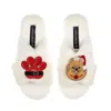Laines London Women's Neutrals / White Classic Laines Slippers With Christmas Pomeranian & Paw Brooches - Cream In White
