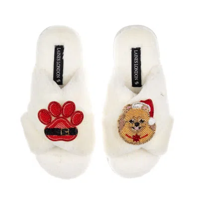 Laines London Women's Neutrals / White Classic Laines Slippers With Christmas Pomeranian & Paw Brooches - Cream