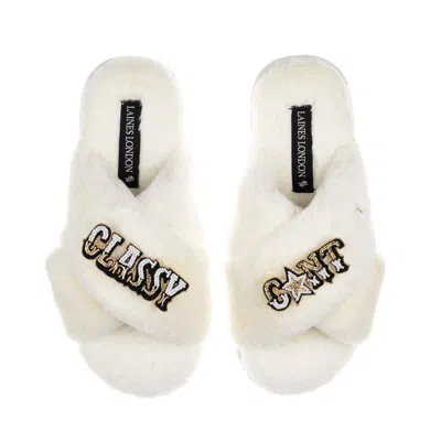 Laines London Women's Neutrals / White Classic Laines Slippers With Classy Cunt Brooches - Cream