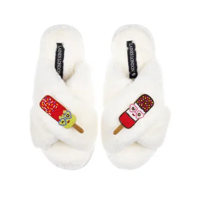 Laines London Women's Neutrals / White Classic Laines Slippers With Cute Ice Lolly Brooches - Cream