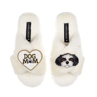 Laines London Women's Neutrals / White Classic Laines Slippers With Dog Mum / Mom & Black & White Shih Tzu Brooche