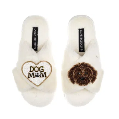 Laines London Women's Neutrals / White Classic Laines Slippers With Dog Mum / Mom & Chocolate Cockapoo Brooches - 
