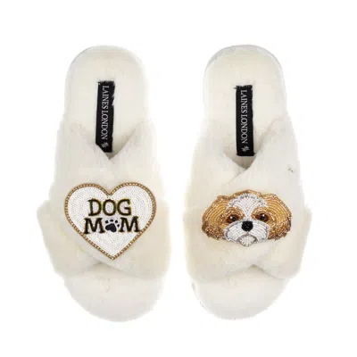 Laines London Women's Neutrals / White Classic Laines Slippers With Dog Mum / Mom & Gold & White Shih Tzu Brooches