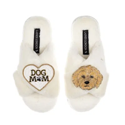 Laines London Women's Neutrals / White Classic Laines Slippers With Dog Mum / Mom & Golden Cockapoo Brooches - Cre