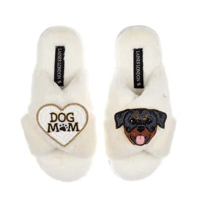 Laines London Women's Neutrals / White Classic Laines Slippers With Dog Mum / Mom & Rottweiler Brooches - Cream