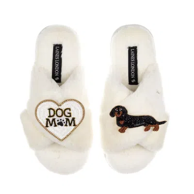 Laines London Women's Neutrals / White Classic Laines Slippers With Dog Mum/mom & Black & Tan Dachshund Brooches -