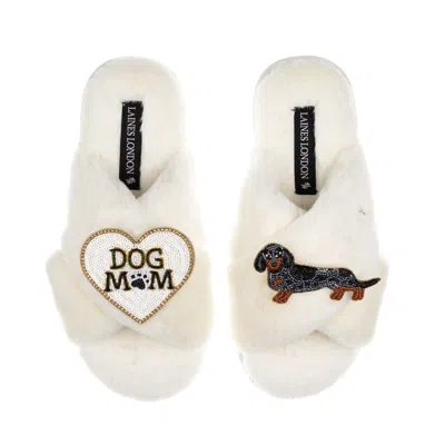 Laines London Women's Neutrals / White Classic Laines Slippers With Dog Mum/mom & Dapple Dachshund Brooches - Crea