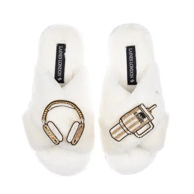 Laines London Women's Neutrals / White Classic Laines Slippers With Headphones & Quencher Brooches - Cream